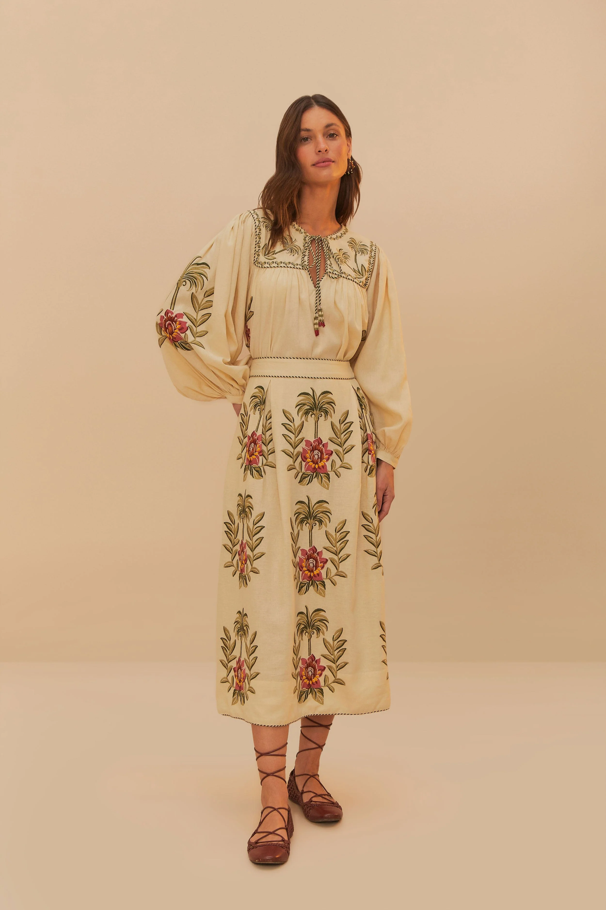 Tropical Flower Embroidered Sand Long Sleeve Blouse - Image 2