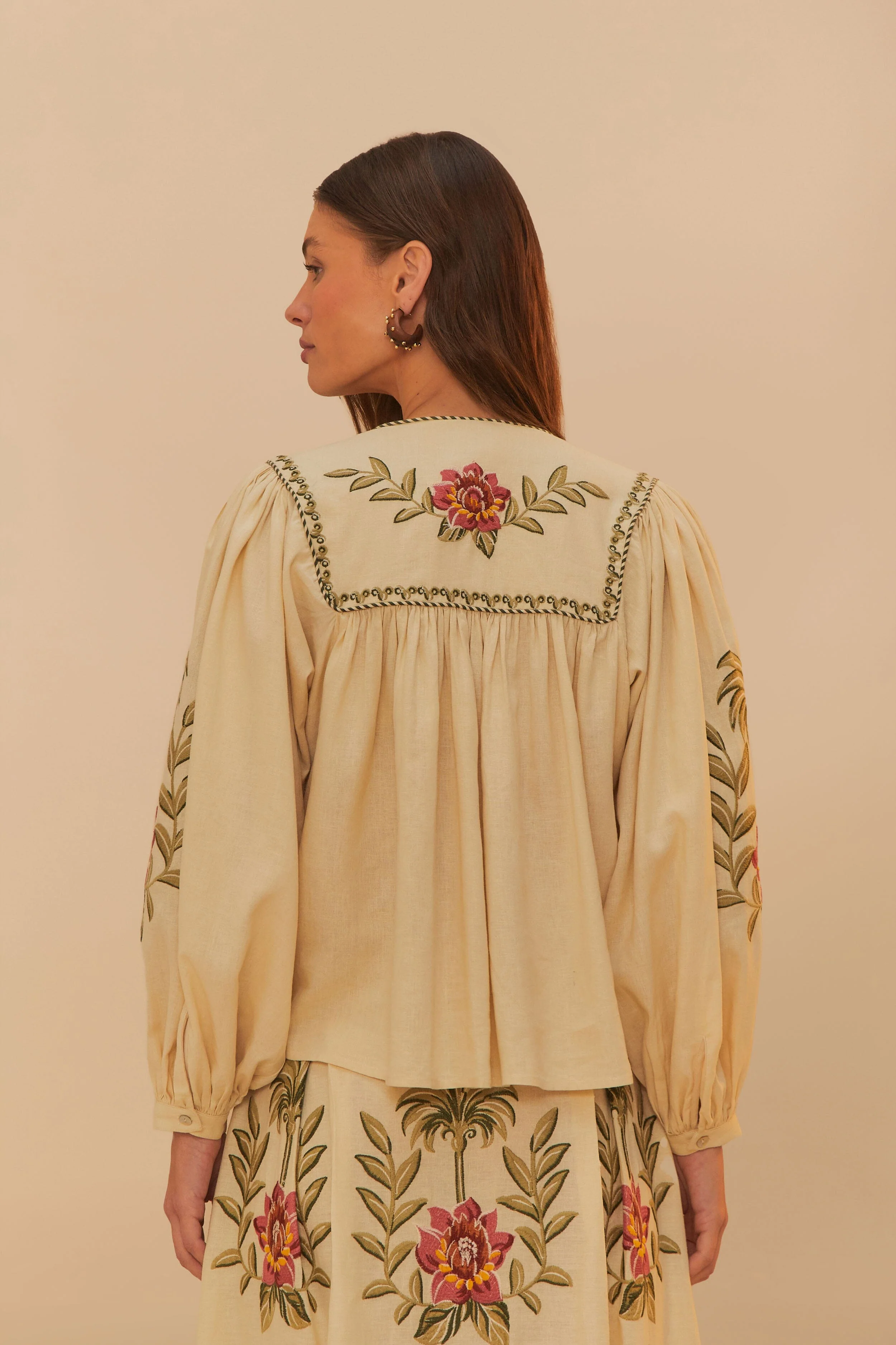 Tropical Flower Embroidered Sand Long Sleeve Blouse - Image 3
