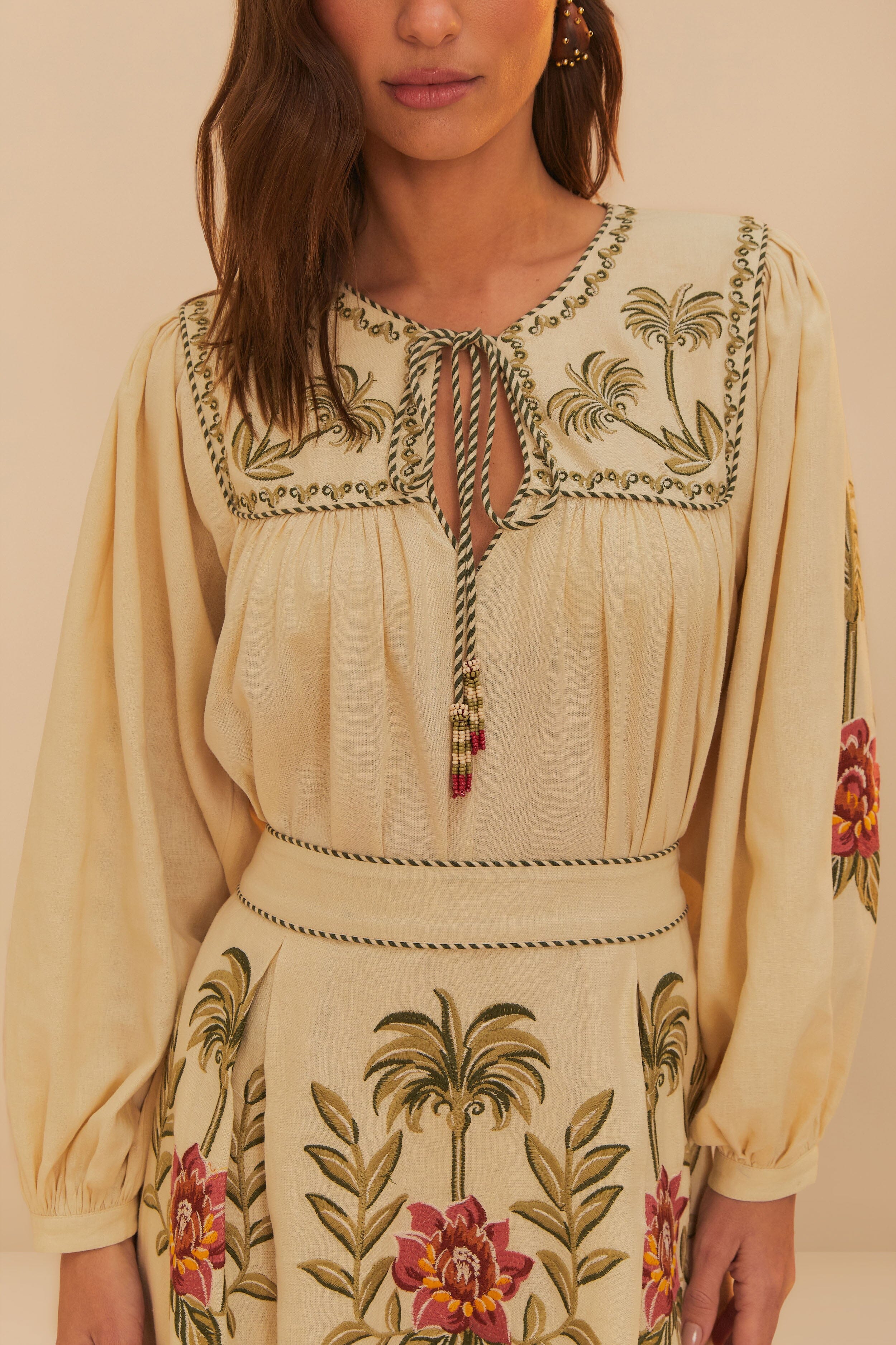 Tropical Flower Embroidered Sand Long Sleeve Blouse - Image 4