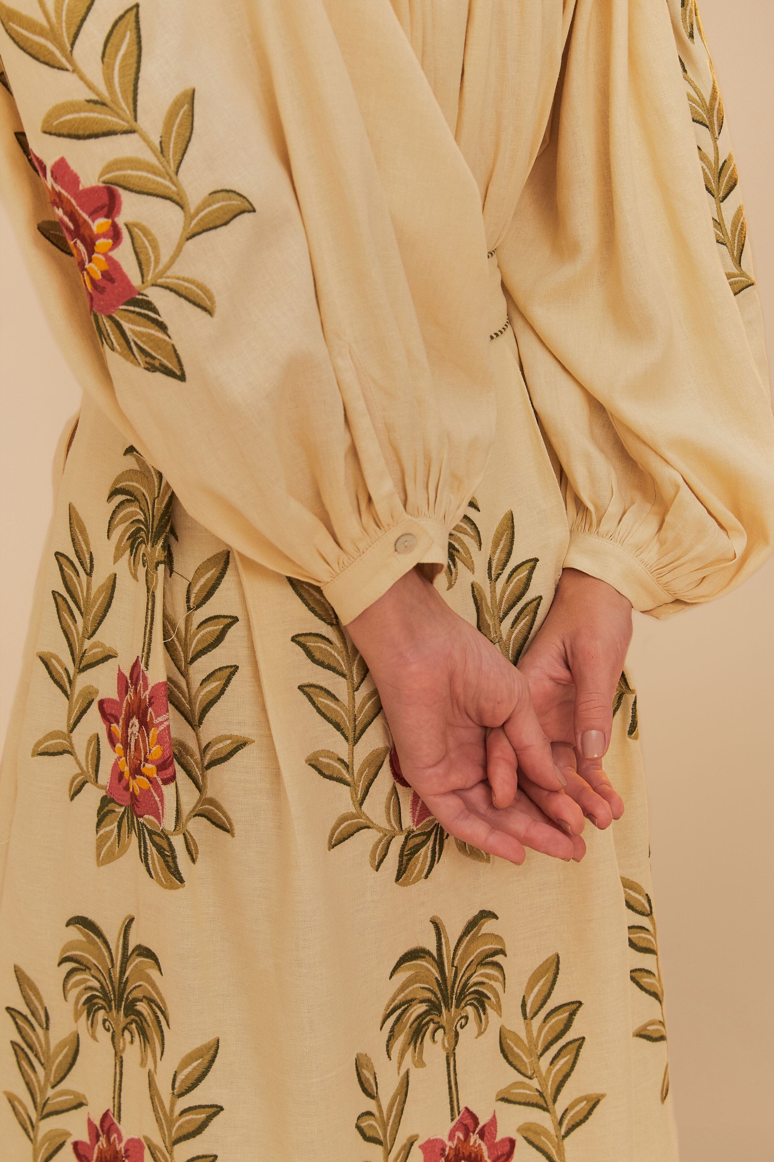 Tropical Flower Embroidered Sand Long Sleeve Blouse - Image 5