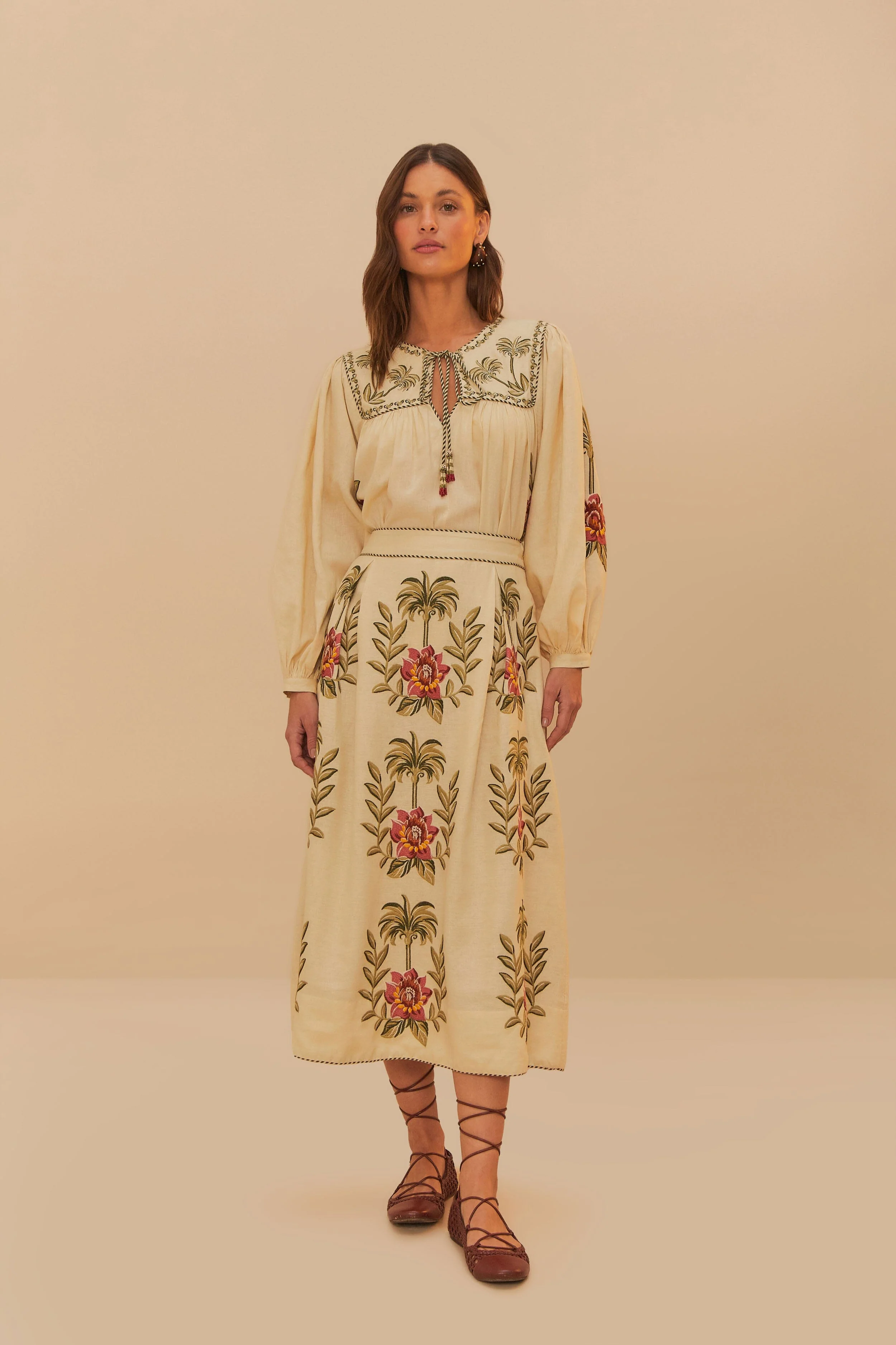 Tropical Flower Embroidered Sand Maxi Skirt
