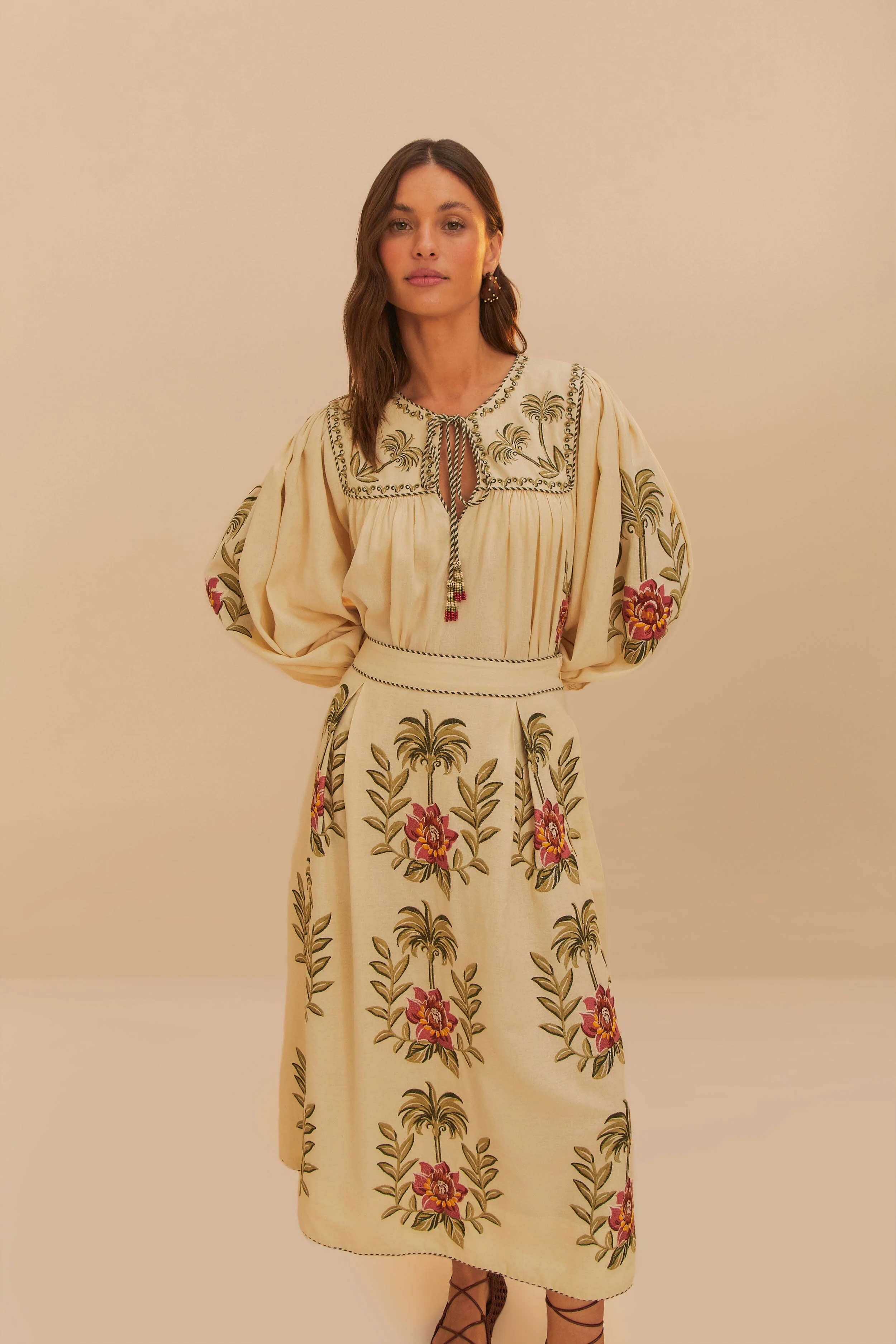 Tropical Flower Embroidered Sand Maxi Skirt - Image 3