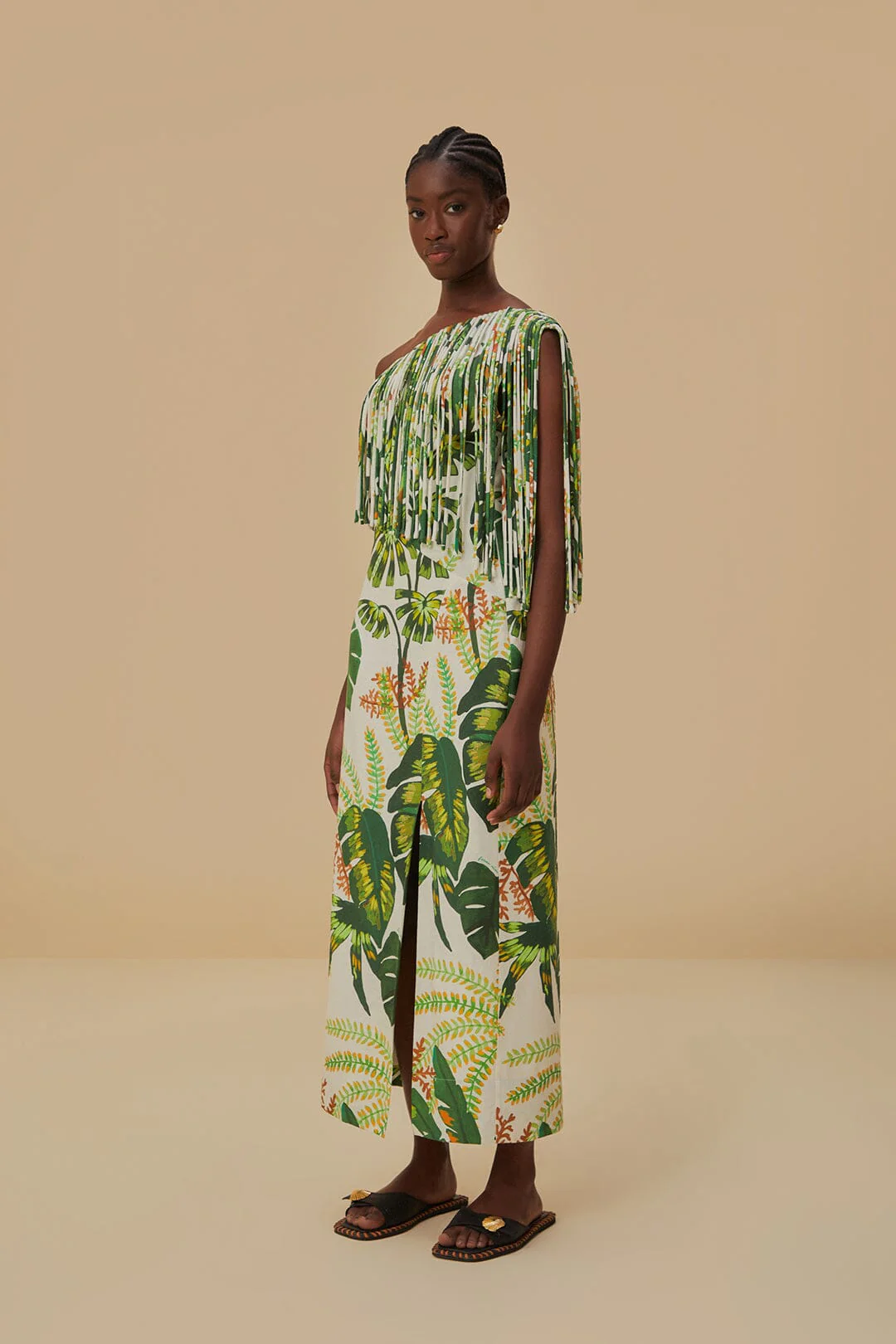 Tropical Forest Off-White Fringed Midi Dress - Image 2