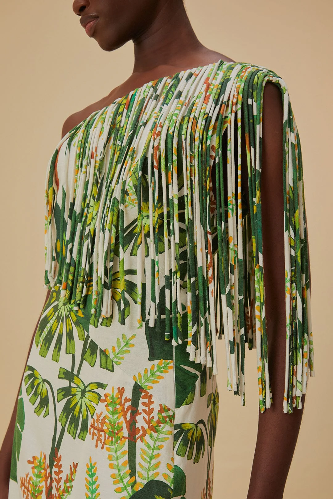 Tropical Forest Off-White Fringed Midi Dress - Image 3