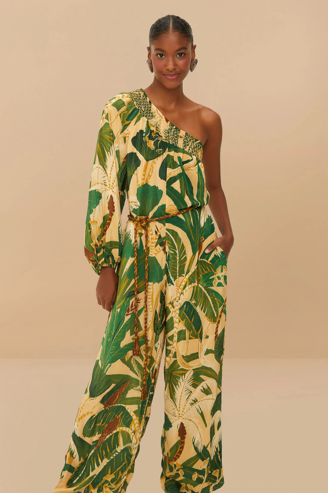 Beige Tropical Isla One-Shoulder Jumpsuit - Image 2