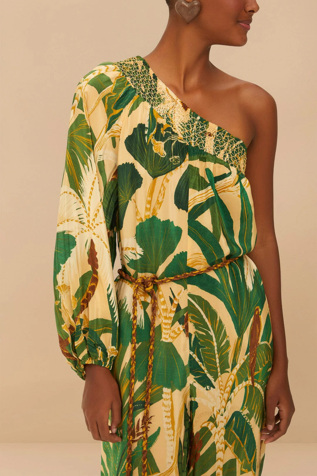 Beige Tropical Isla One-Shoulder Jumpsuit - Image 3