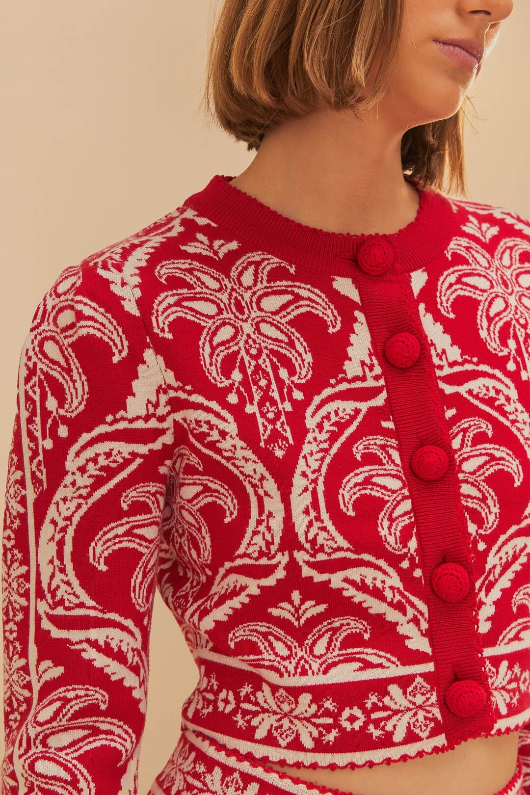 Red Tropical Jacquard Knit Cardigan - Image 2
