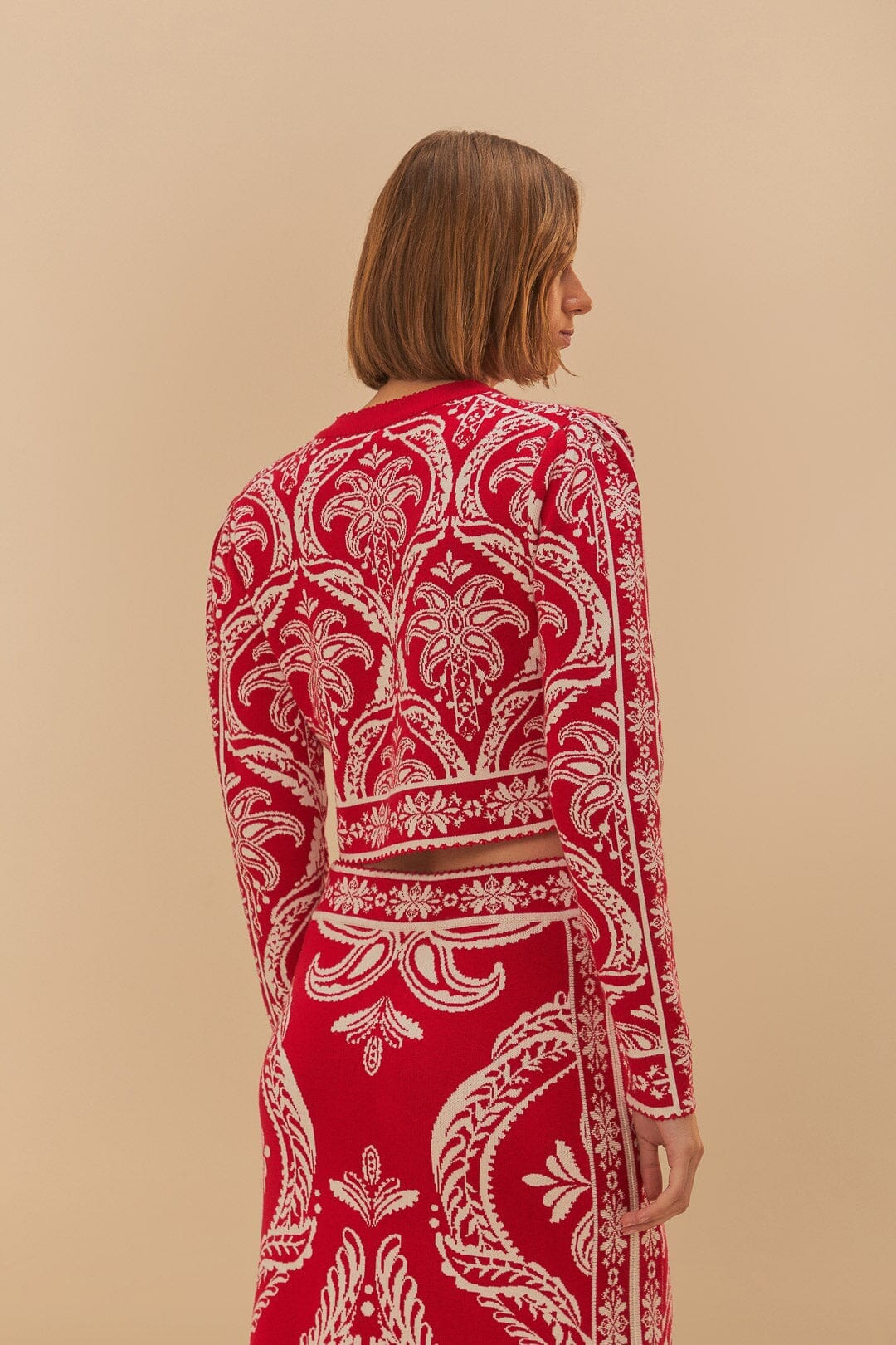 Red Tropical Jacquard Knit Cardigan - Image 4