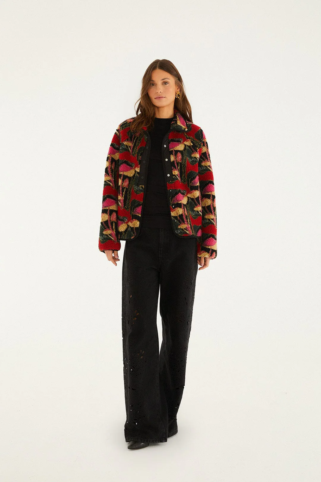 Black Wild Mushrooms Fleece Bomber Jacket - Image 4