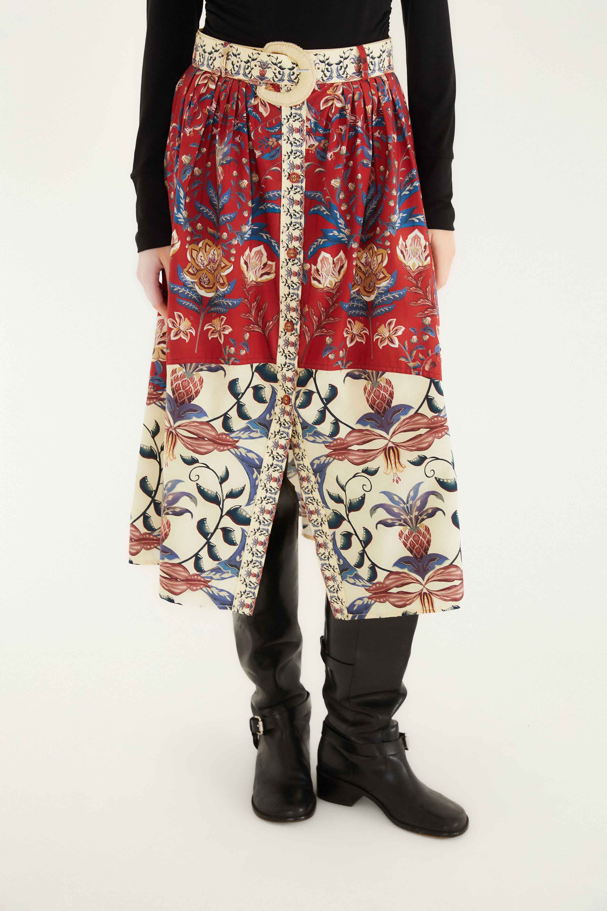 Red Winter Breeze Buttoned Belted Organic Cotton Midi Skirt - Image 2