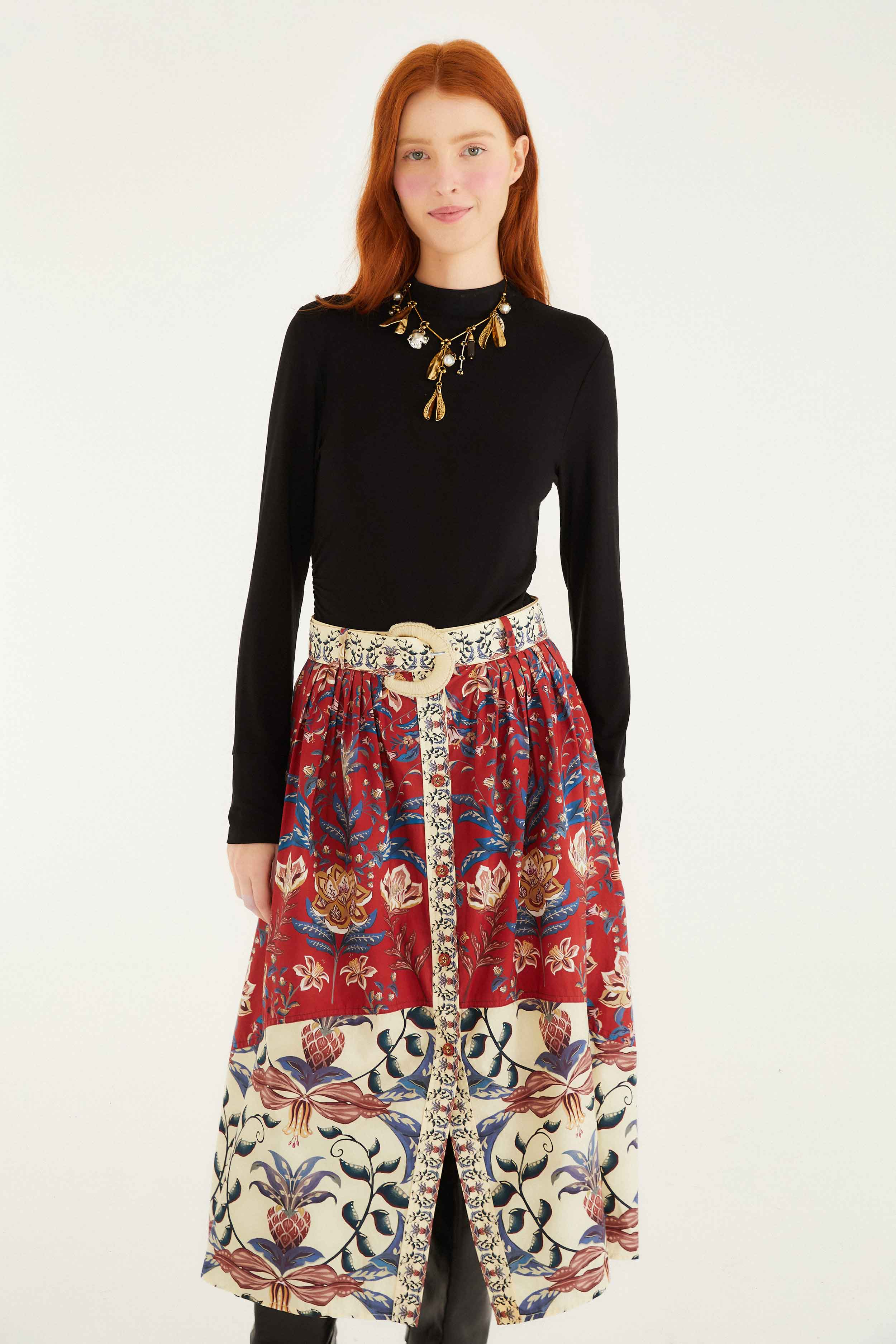 Red Winter Breeze Buttoned Belted Organic Cotton Midi Skirt - Image 3