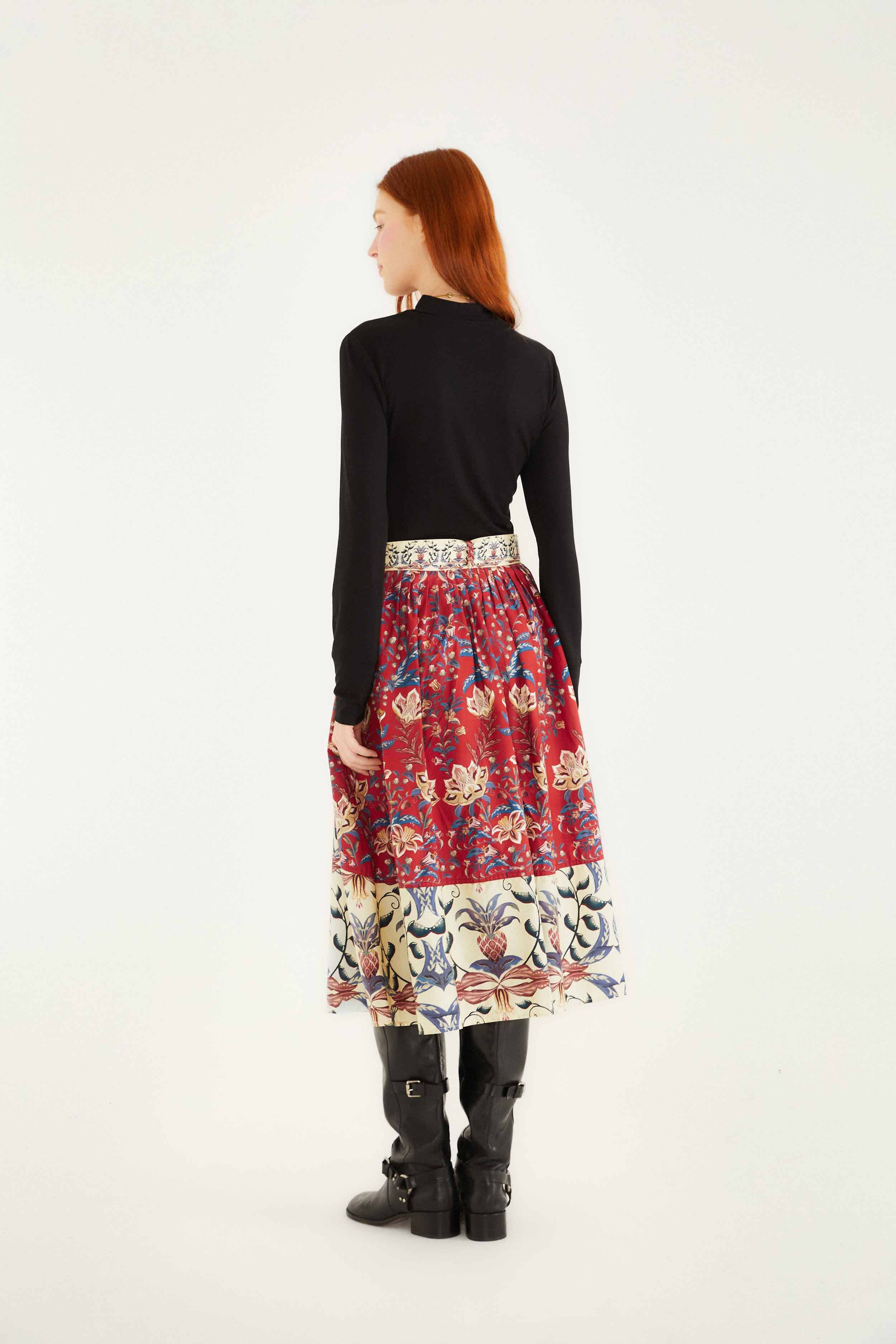 Red Winter Breeze Buttoned Belted Organic Cotton Midi Skirt - Image 4