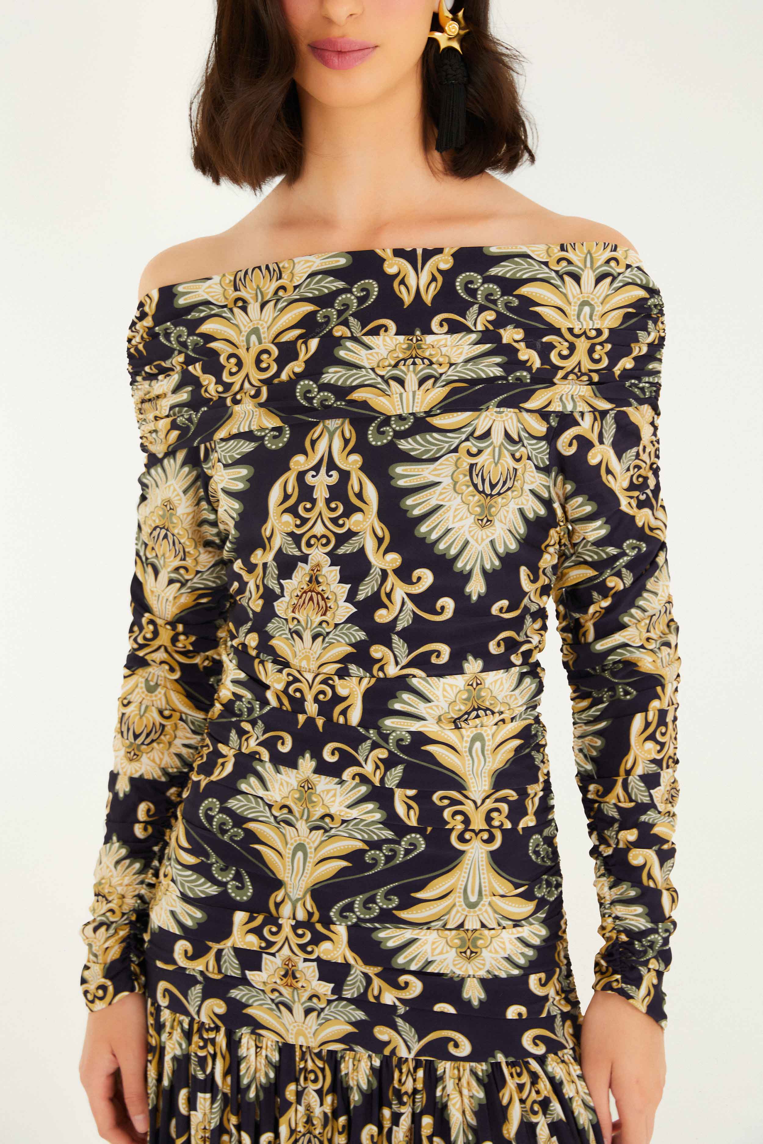 Navy Blue Wonderful Arabesque Off-Shoulder Maxi Dress - Image 3