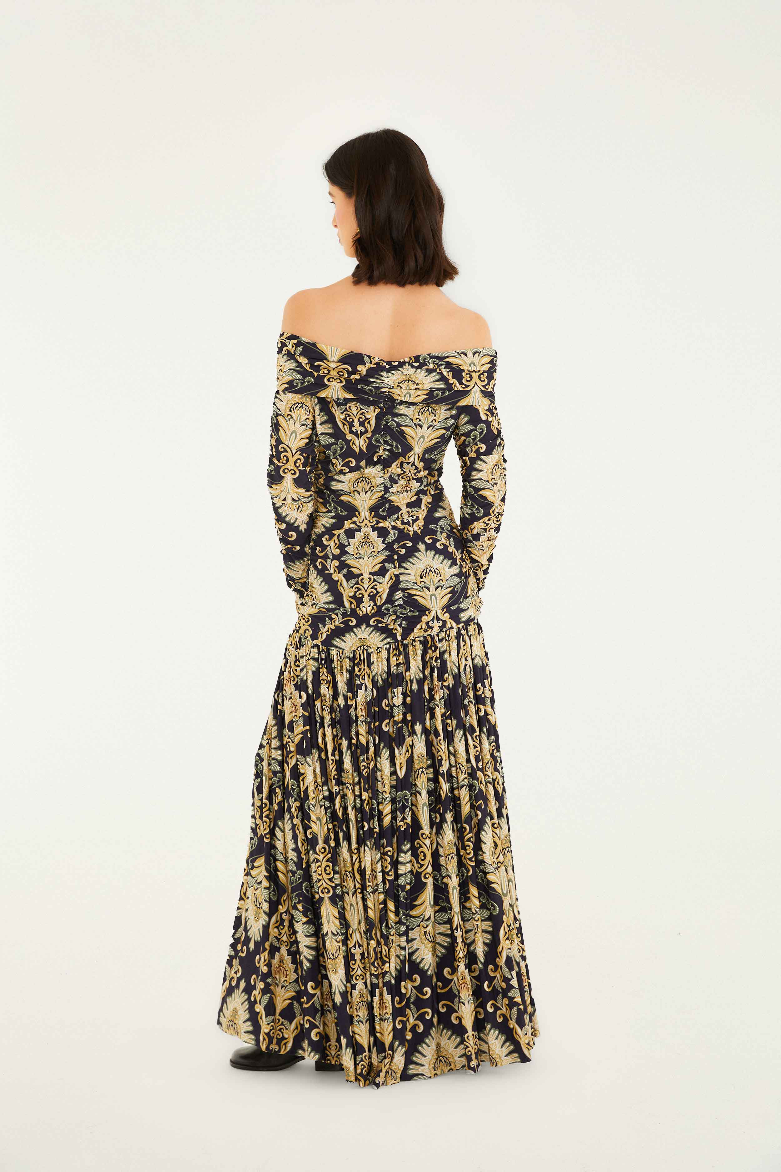 Navy Blue Wonderful Arabesque Off-Shoulder Maxi Dress - Image 4