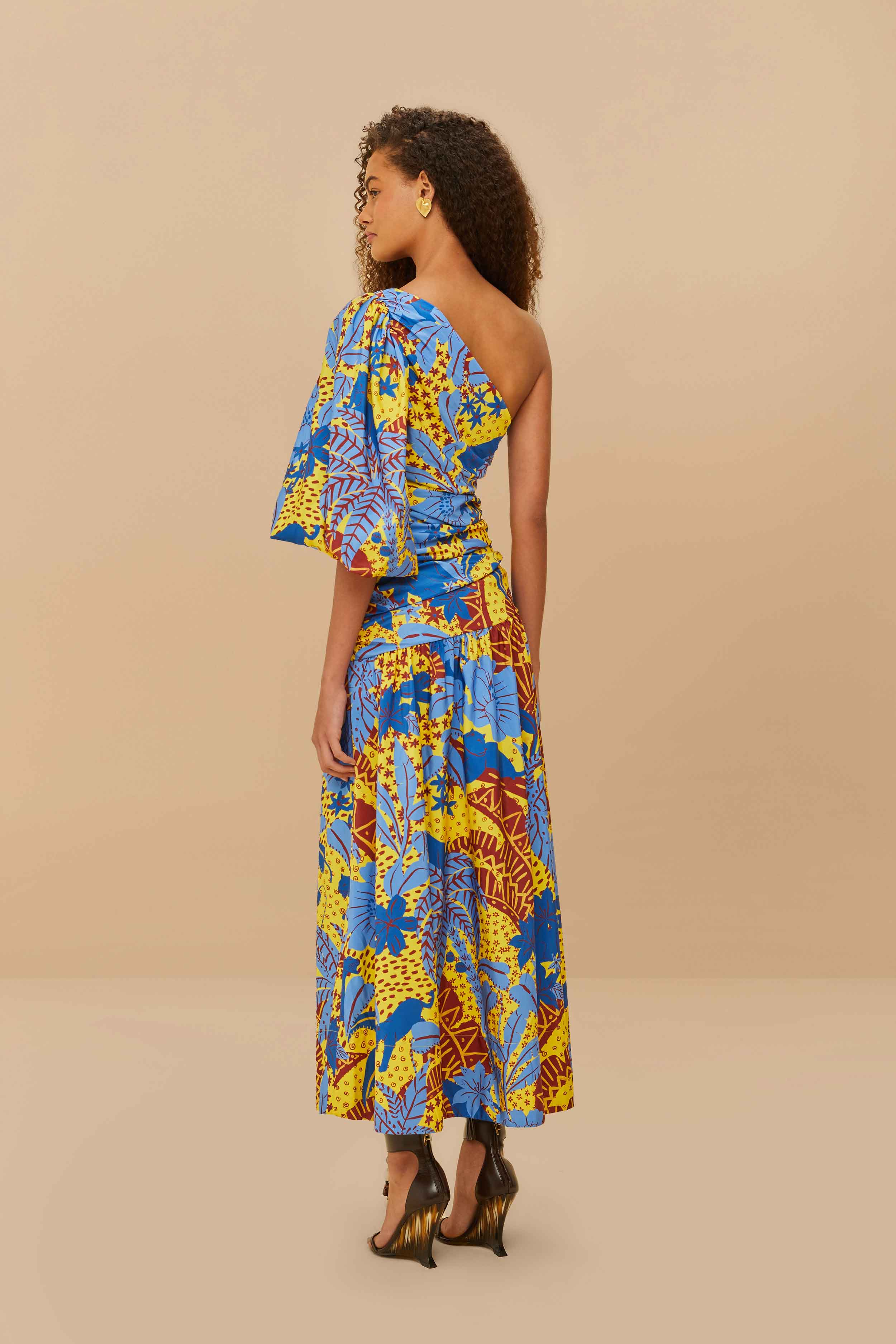 Yellow Jungle Panther One-Shoulder Midi Dress - Image 4